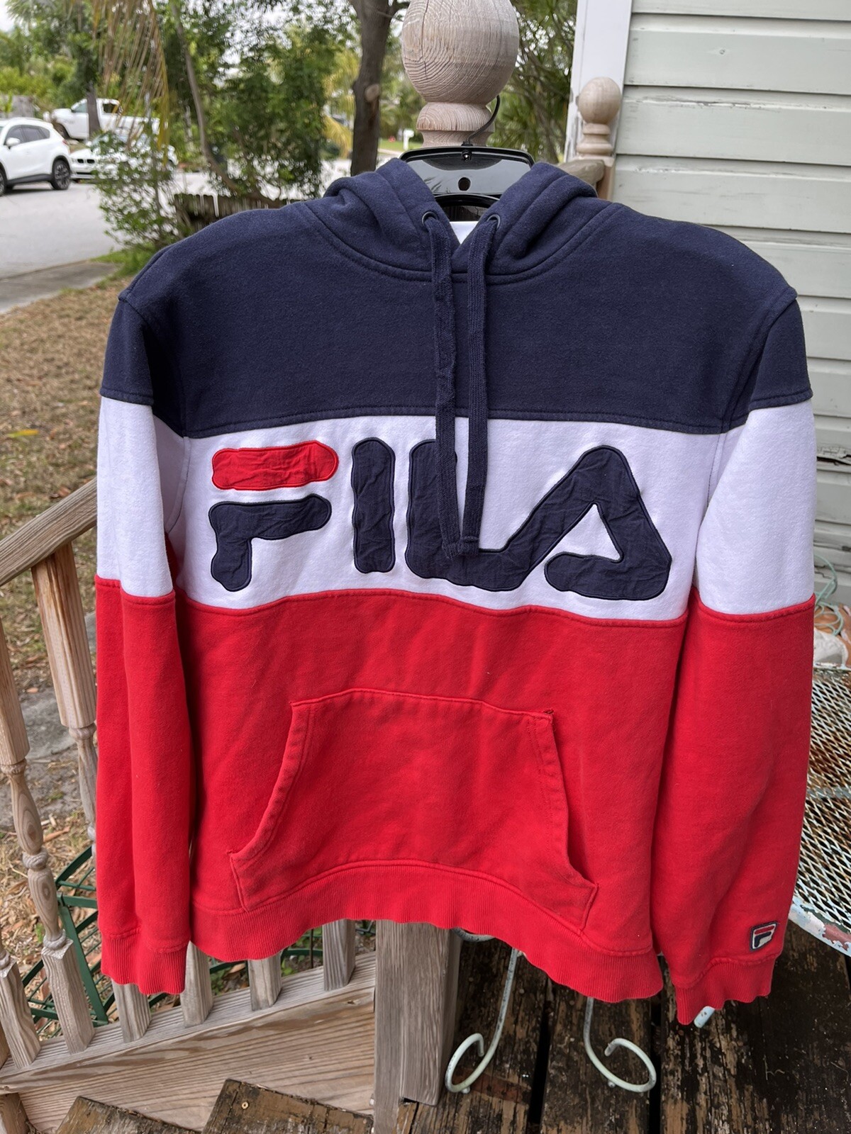 Felpa con cappuccio FILA Spell Out Colorblock taglia L pullover rosso blu uomo vintage anni 90