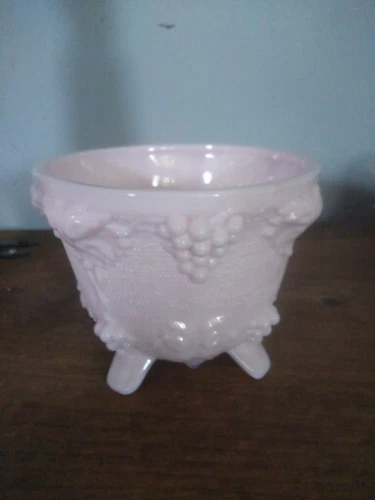 Vintage Jeanette Shell Pink Grapes and Leaves Milk Glass Footed Candy Dish