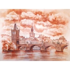 Prague Painting Original Cityscape Czech Bridge River Modern Art  Collectible
