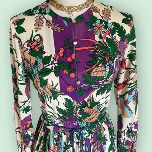 Vtg 60s Lansford Dress Purple Mushrooms Floral Purple Brady Mod Hippie Boho S 4 - Picture 9 of 12