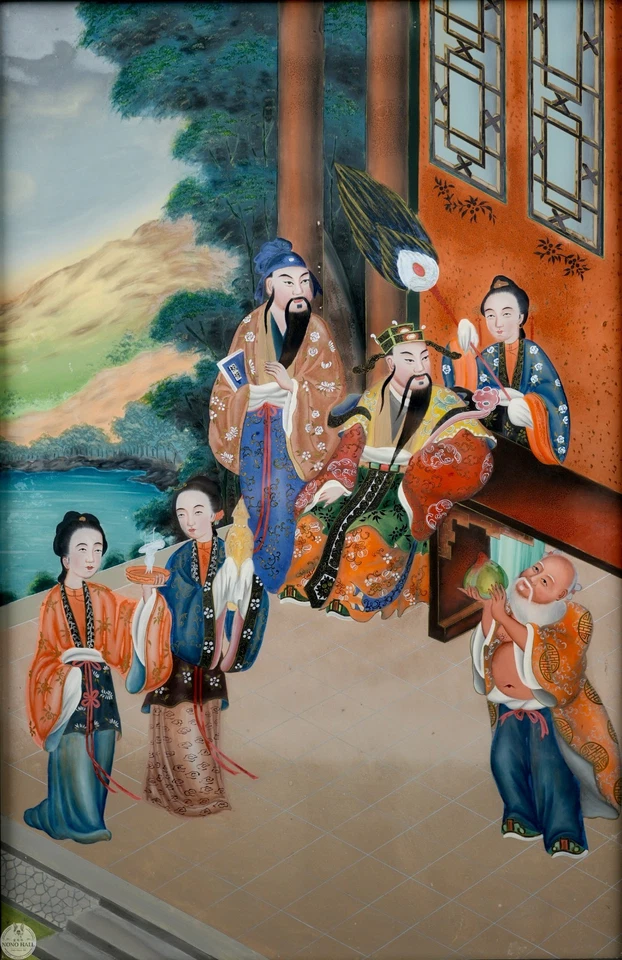 Pintura de vidrio reverso de exportación china vintage "Inmortales celebrando un cumpleaños" Foto 2 de 4