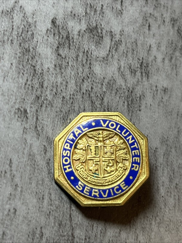 Vintage Hospital Volunteer Service Lapel Pin Gold Tone Blue Enamel