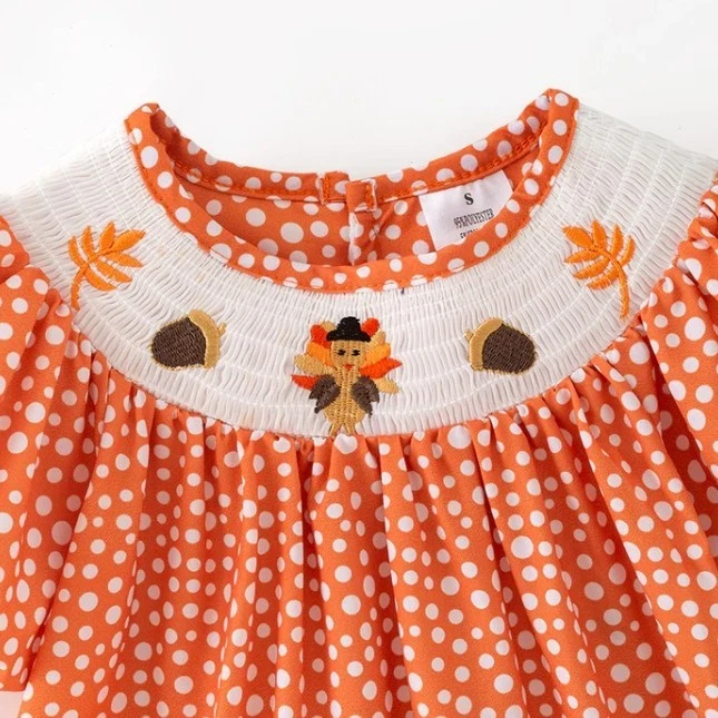 NUEVO Vestido Boutique Acción de Gracias Pavo Niñas Bordado Calado Foto 3 de 4