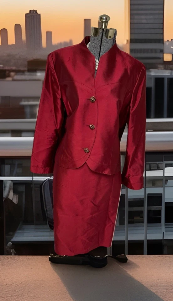 Traje Falda Lily & Taylor Talla 18 Conjunto de Dos Piezas Seda y Lana Rojo Brillo Elástico Foto 3 de 4