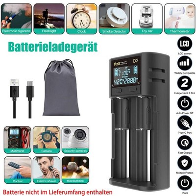 2 Slots Akku Ladegerät Li-ion Batterie USB Charger Für 14500 26650 16340 LCD