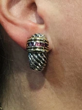 David Yurman Large 1” Shrimp Renaissance Earrings Tourmaline Sterling w/14k