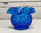 Vintage Fenton Blue Cobalt Blown Glass Hobnail 3" Vase Ruffled Rim Small Round