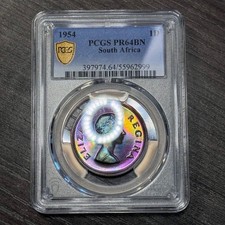 PR64BN 1954 South Africa 1 Penny Proof, PCGS Trueview- Vivid Rainbow Toned
