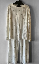 M&S Girls Pyjamas Ivory Ribbed Long Sleeve 2 Piece Pyjama Set Age 8-9 Years Bows