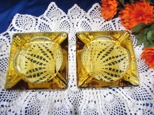 VTG PAIR ANCHOR HOCKING AMBER GOLD GLASS CIGAR CIGARETTE SQUARE ASHTRAYS 6" WIDE