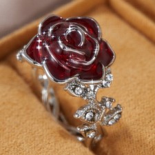 Red Rose Flower Ring Zircon Crystal Floral Statement Jewelry Gift for Women