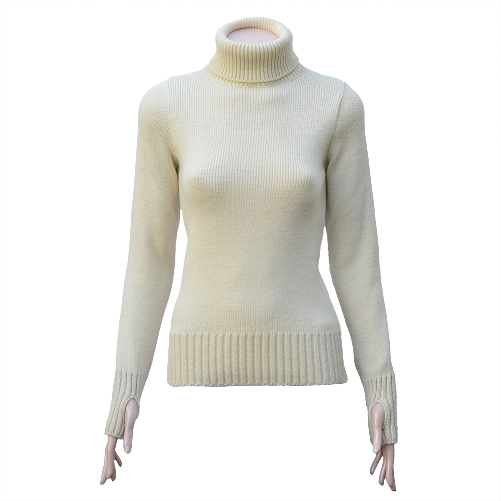 Ladies 100% Merino Wool Fitted Submariner Roll Neck Sweater Jumper in Ecru  Cream