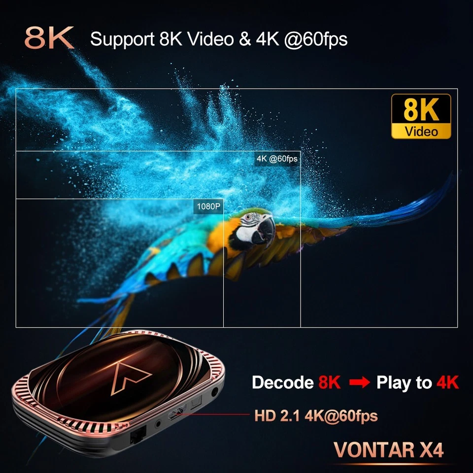 Vontar X4 Ultra 8K TV Box Android 11 4GB+64GB Amlogic S905X4 5G WiFi BT Streamer - Image 4 of 4