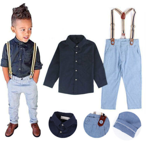 Kids Boys Wedding Formal Shirt Suit Top + Suspender + Pants Outfit Clothes Set,↑ - Picture 1 of 12