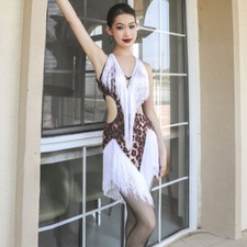 Latin Ballroom Dance Dress Modern Salsa Waltz Standard Long Dress G897 Leopard