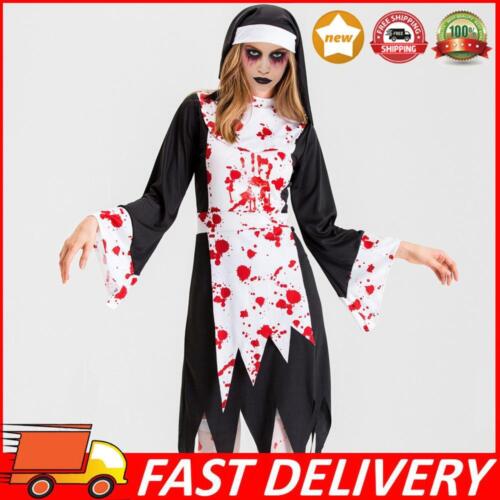 Women Horror Vampire Costume Blood Handprint Dress with Hat Halloween Party Wear - Photo 1/16