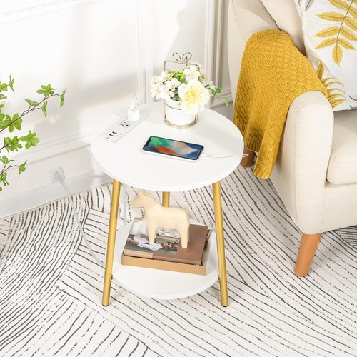 End Table with Charging Station 2-Tier Round Side Table 15.7”L x 15.7”W x 19.7”H - Picture 3 of 11