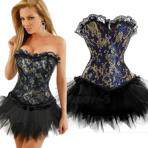 Ladies Lace Strapless Up Burlesque Corset Fancy Dress Costume Overbust Top&Tutu - Picture 24 of 31