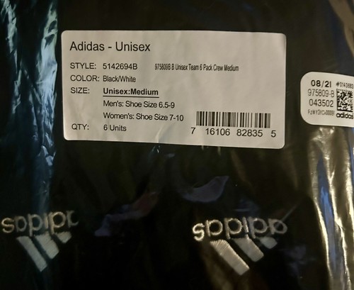 Adidas UNISEX Negro Pantorrilla Calcetines (Paquete de 6) Mediano Hombre Talla 6.5-9/Mujer 7-10 - Imagen 3 de 3