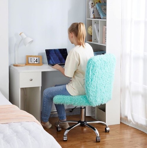 Rolling Vanity Desk Chair Shaggy Soft Faux Fur Height Adjustable Swivel Seat - Picture 6 of 12