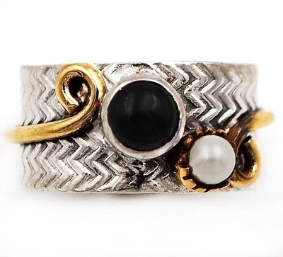 Natürlicher zweifarbiger - schwarzer Onyx - Brasilien 925 Sterlingsilber Ring Größe 8,5