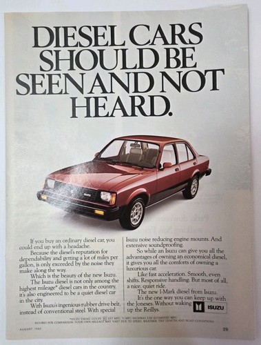 Vintage 1982 Ad -Isuzu Diesel Coupe- Diesel Cars Should Be Seen And Not Heard