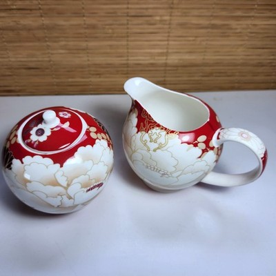 Maxwell and Williams Kimono Cream and Sugar Set Red and White Fine Bone China