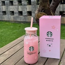 Starbucks 500ml Pink Cherry Blossom Coffee Cup Shake Straw Cup Glass Milk Cups