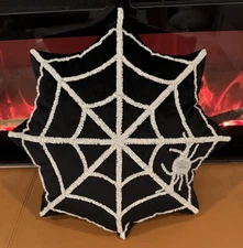 Halloween Spider Web Throw Pillow Black Silver Metallic Thread Gothic Decor