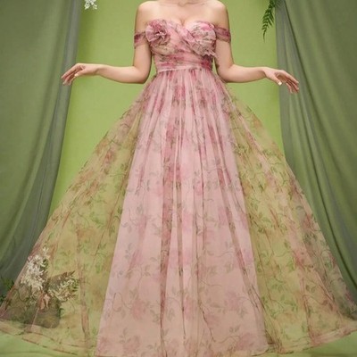 Off Shoulder Romantic Mesh Printed 3D Floral Evening Dress Ruched Party Dress