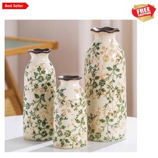 Ceramic Vase Set of 3, Vintage Green and Beige Vases Set, Flower Rustic Chino...