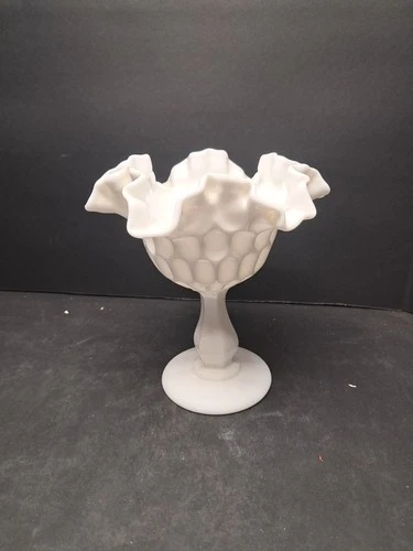🔥 Vintage Fenton Thumbprint Pedestal Compote Bowl Milk Glass Crimped Edge