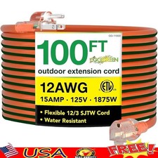 12/3 SJTW Heavy Duty Outdoor Extension Cord Lighted End 100ft 15A Durable New