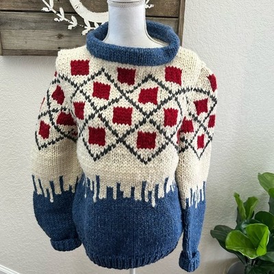 LE CAVALIER KANATA SWEATER HANDKNIT BLUE/RED 100% wool chunky size 42