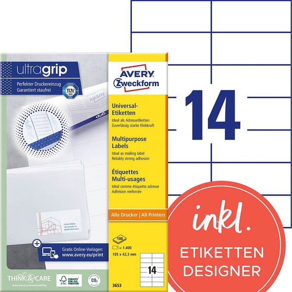 Avery Zweckform Etiketten 3653 Weiß 105,0 X 42,3 Mm, 100 Blatt-image