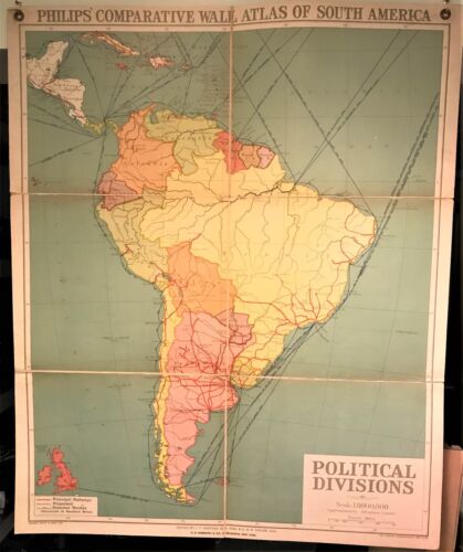 Atlante parete comparato originale 1921 Philips ~ SUD AMERICA ~ Mappa politica - Foto 1 di 5