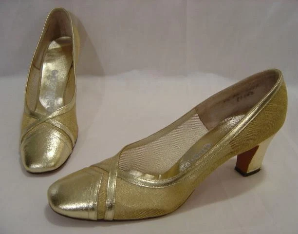 VINTAGE 1960s PALIZZIO MOD METALLIC GOLD MESH FORMAL GLAM HEELS PUMPS SHOES BOX - Image 3 of 4