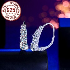 Women Shiny Round Cut Cubic Zirconia 925 Sterling Silver Leverback Hoop Earrings