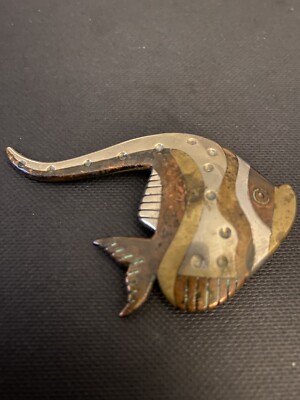 Vintage Signed Espinosa Taxco Mexico Mixed Married Metals Fish Pin Brooch i