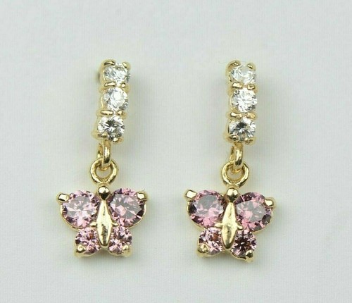 14K Yellow Gold Cubic Zirconia Birthstone Butterfly Dangle Screw Back Earrings - Picture 7 of 13