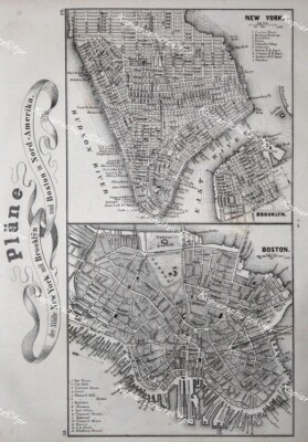 New York Hudson East River Manhattan Brooklyn Boston Stadtplan USA Ostküste 1847