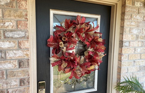 Elegant Burgundy & Gold Christmas Deco Mesh Front Door Wreath Decoration Decor - Picture 5 of 5