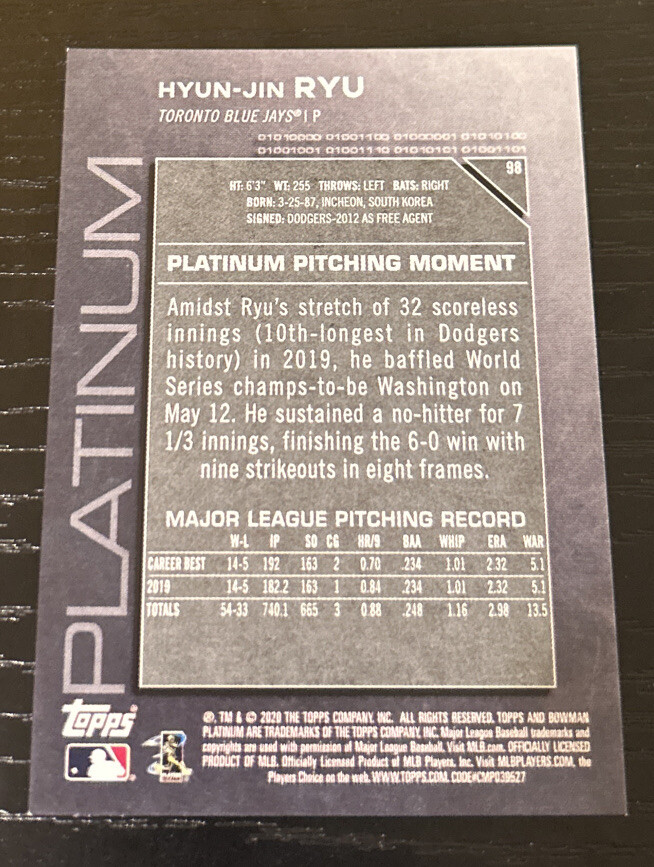 2020 Bowman Platinum Hyun-Jin Ryu Purple /250 | eBay