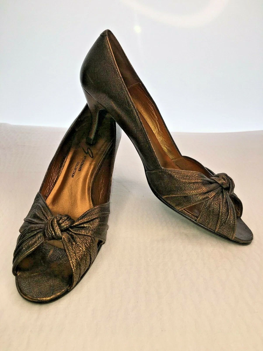MARY G Ladies Gold Leather Twist Knot Peep Toe Kitten Heel Shoes Evening UK 5.5