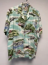 Vintage Paradise Found Shirt Mens Large Green/Blue Airplanes Force Hawaiian