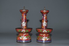 Collectible Chinese old cloisonne Enamel hand painting flower candle stick pair