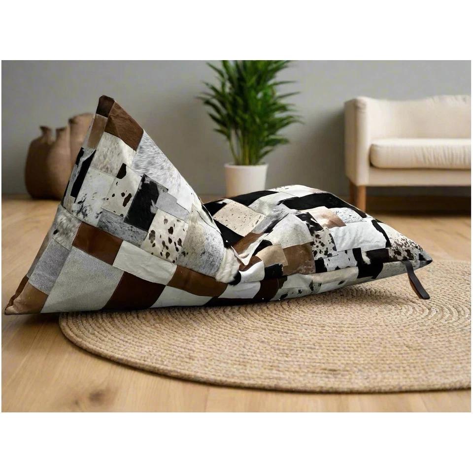 Artisan Cowhide Beanbag Cover – Triangular Patchwork Lounger in Natural Tones - Image 3 of 4