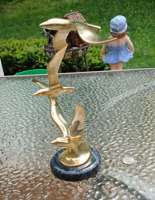 Vintage Brass Seabirds Flying Art Sculpture Statue Marble Base