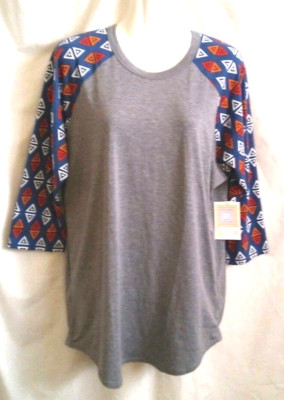 NEW WOMEN'S LULAROE RANDY SOLID GRAY BODY GEOMETRIC PRINT 3/4 SLEEVE TOP SIZE XL