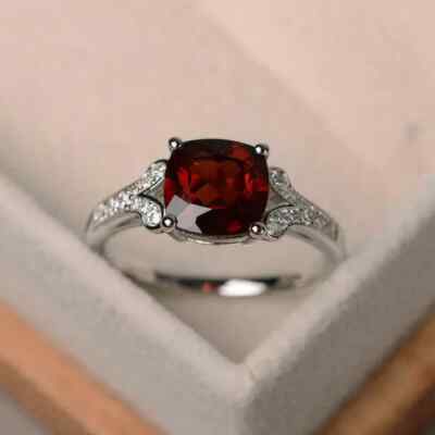 2.7 Ct Cushion Cut Lab-Created Red Garnet Split Shank Ring 14k White Gold Plated